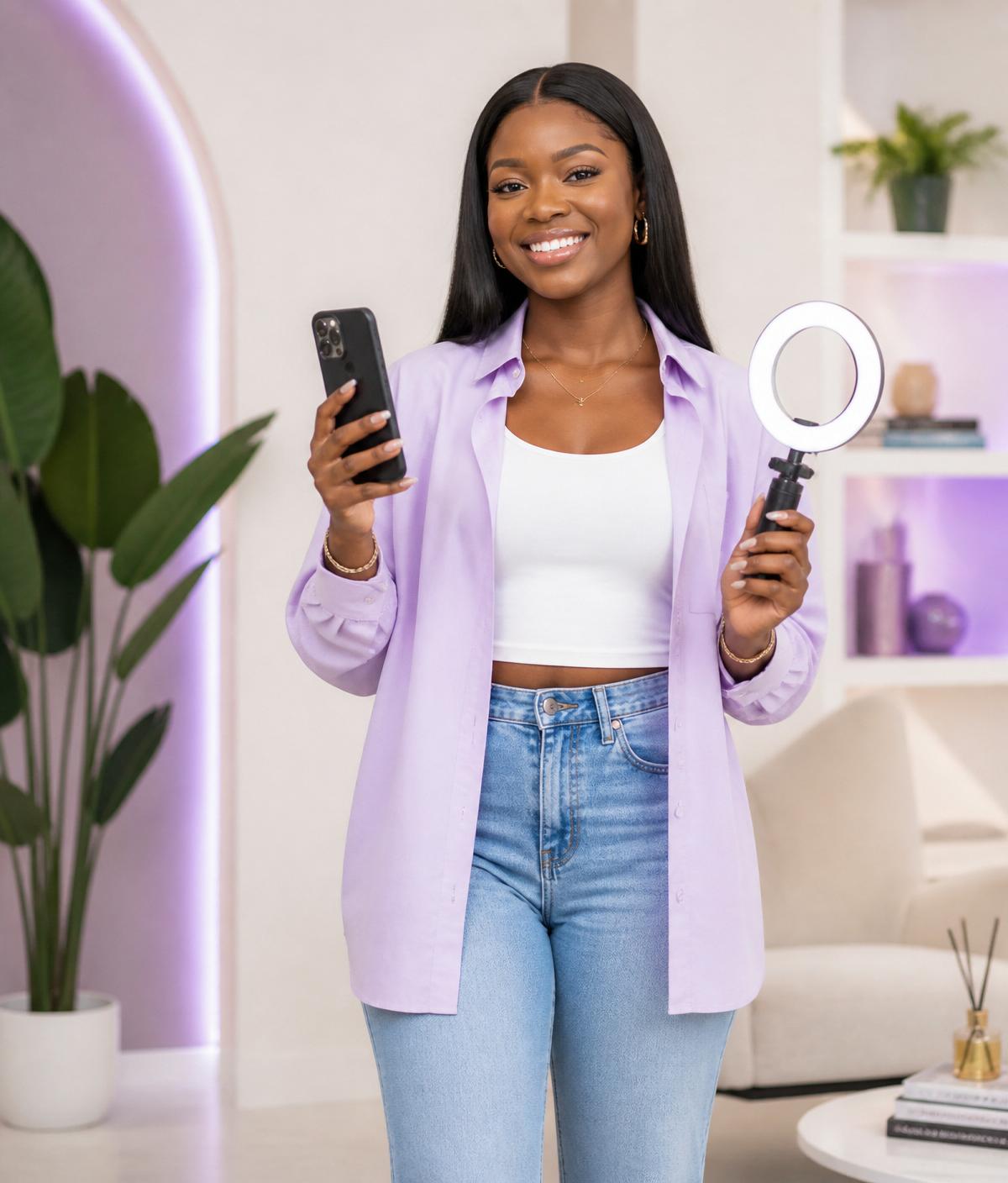 A young Nigerian creator holding a smartphone and ring light, ready to work as an Event Angel