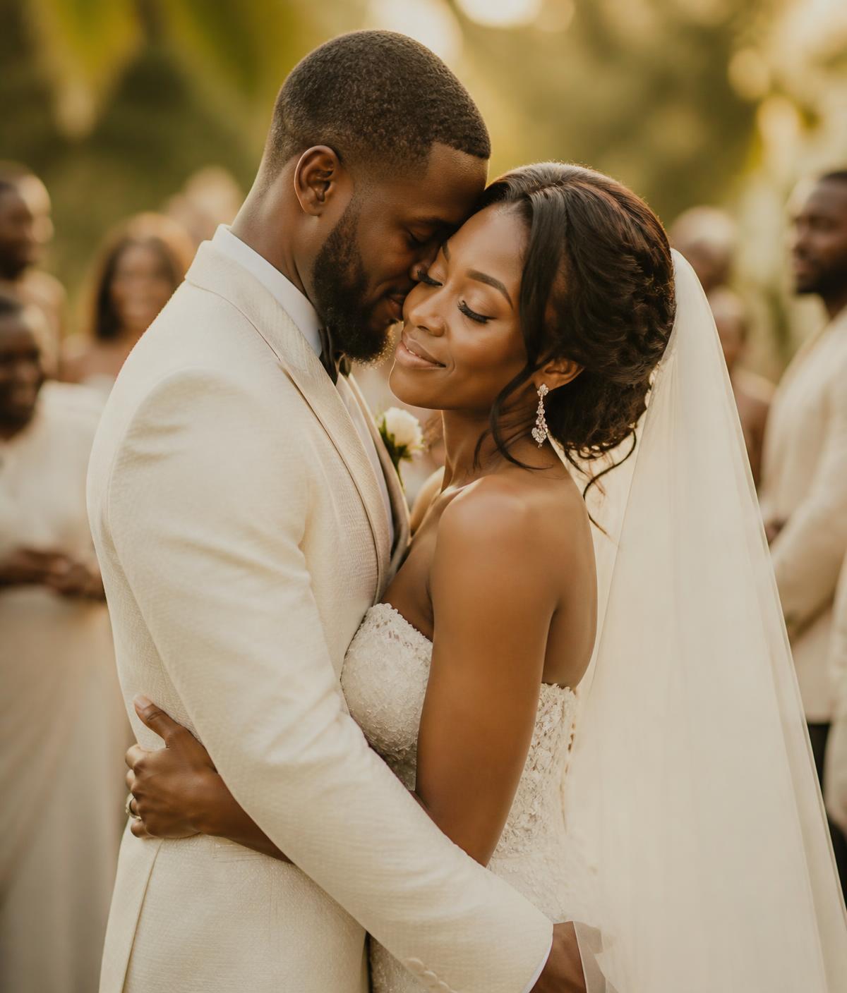 A couple holding each other closely at their wedding, fully present in the moment